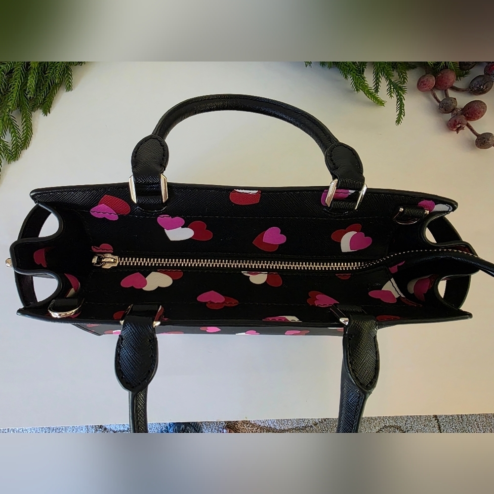 Kate Spade Medium Staci Flutter Hearts Satchel-Crossbody Black Saffiano Leather - Picture 10 of 12